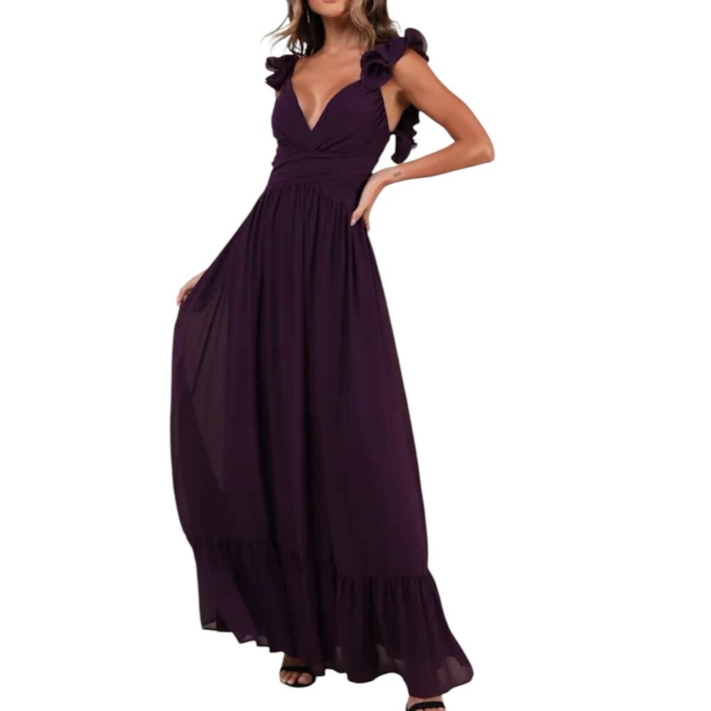 NWOT Lulus Soiree Celebration Purple Ruffled Lace-Up Maxi Dress Size XL